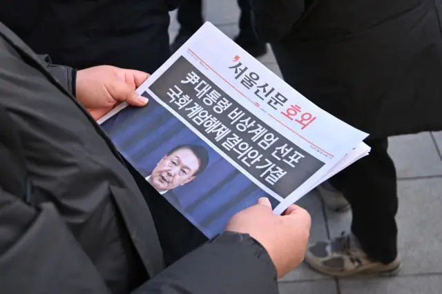 A man holds a newspaper with Yoon's face on the front page