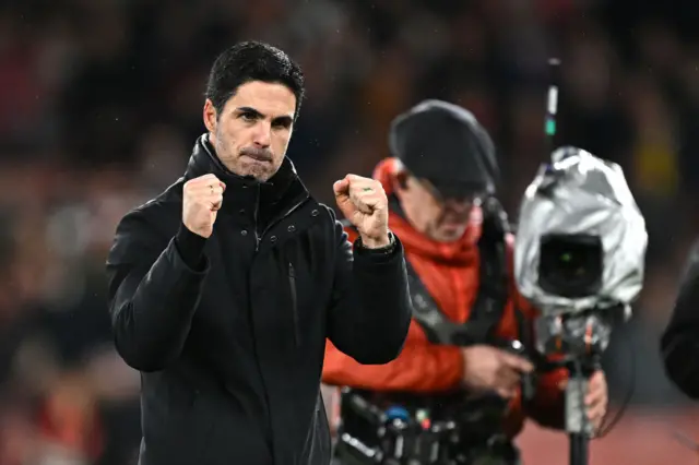 Mikel Arteta, Manager of Arsenal, celebrates following the team's victory