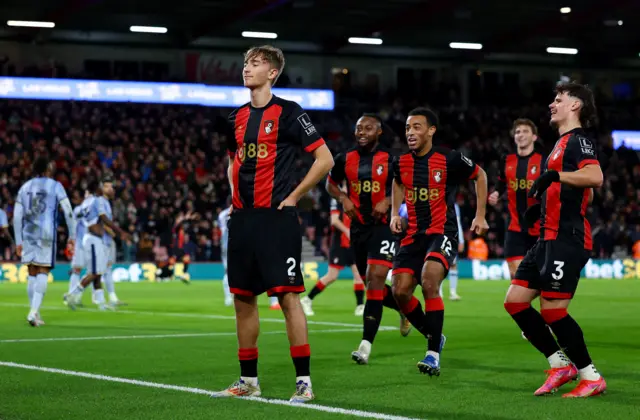 Huijsen runs to celebrate his goal v Spurs