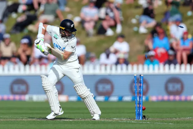 Tom Latham chops Ben Stokes onto his stumps