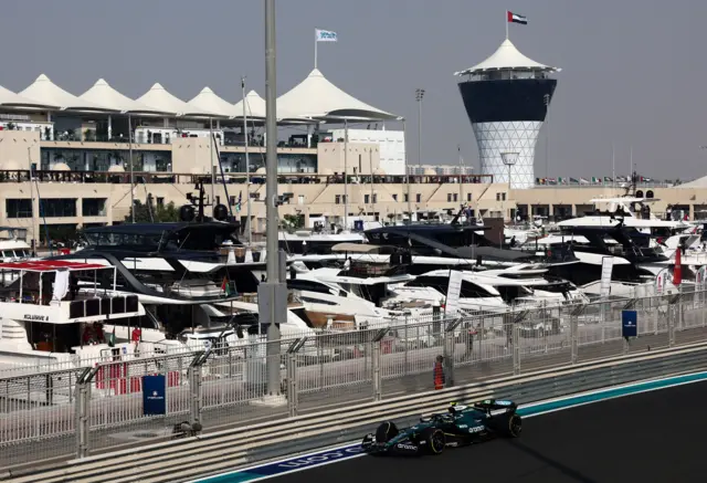 Fernando Alonso's Aston Martin with Abu Dhabi in the background