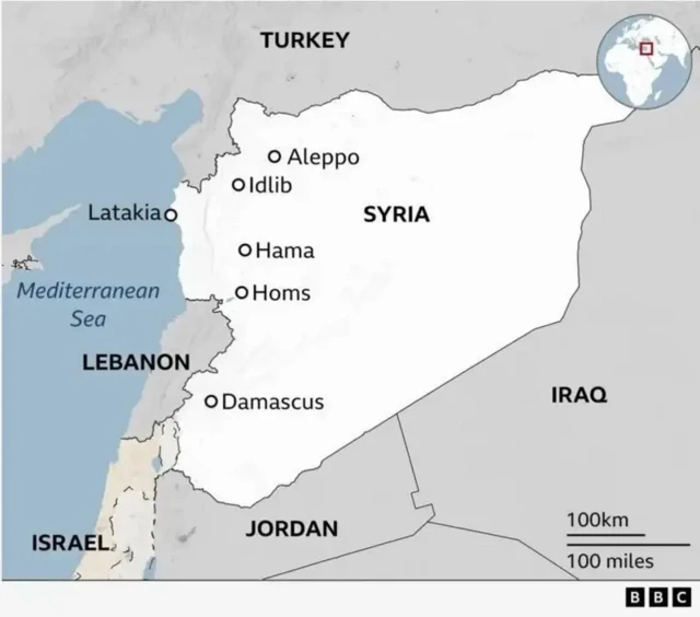 Map showing key locations in Syria including Aleppo, Idlib, Hama, Homs and Damascus