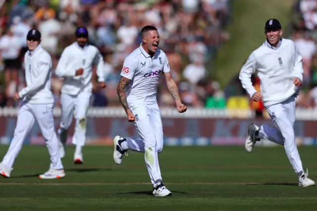 Brydon Carse celebrates the wicket of Kane Williamson, that was later overturned for a no-ball