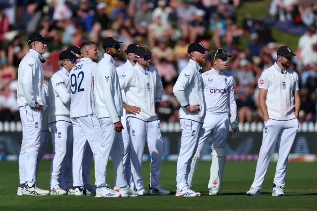 England watch on during a review against Kane Williamson