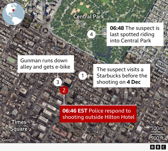 Aerial view showing location of area where shooting happened, Central park at the top of the image, alley where gunman fled further south and close to the Hilton hotel, Starbucks where he was spotted is in between Hilton hotel and Central Park