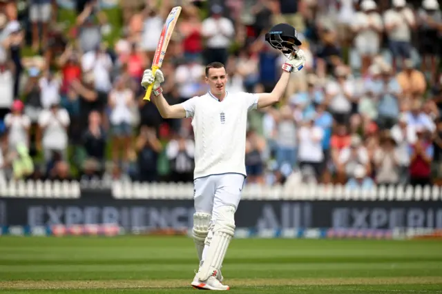 Harry Brook celebrates his century