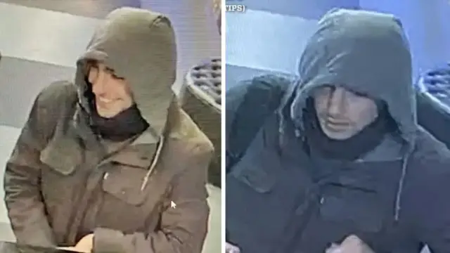 Two CCTV images of a suspect wearing a black jacket and hoodie