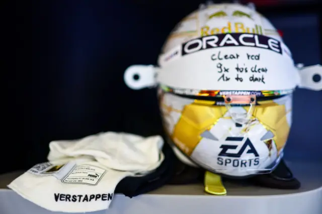 Max Verstappen's race helmet in the Red Bull garage