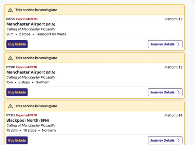 Timetable showing limited delays at Mancester