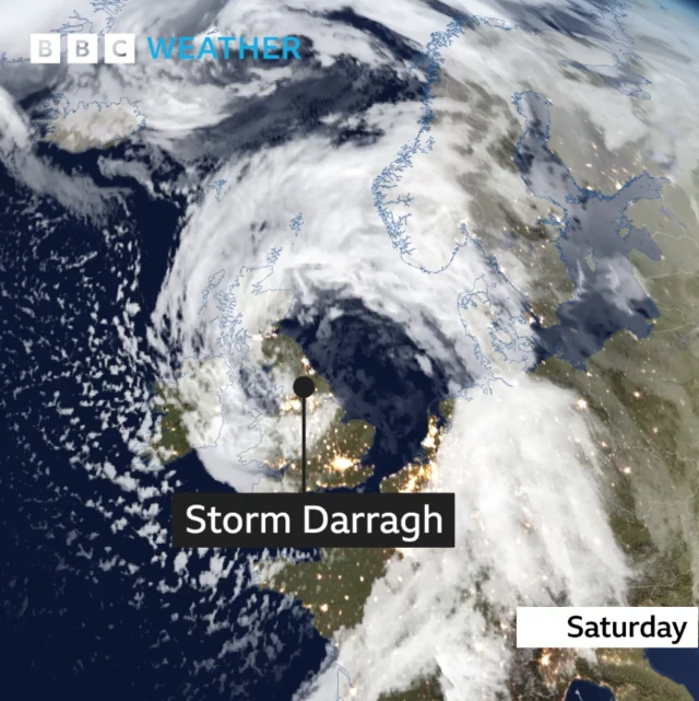 A weather map labelling the centre of Storm Darragh as in the north of England