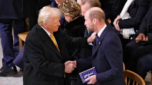 Trump pointing his finger at Prince William as the pair stand to greet each other