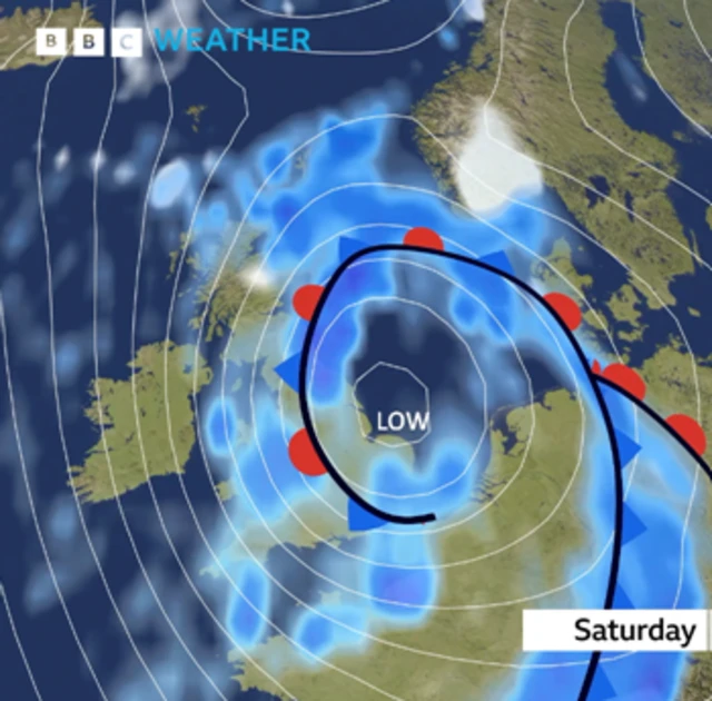 Weather map showing wind direction counter clock wise over UK with large areas of rain across the country