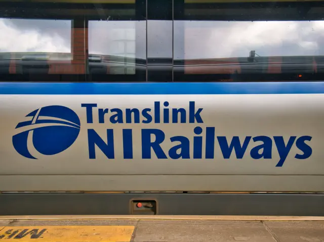 Close shot of a Translink train, with logo and NI Railways text