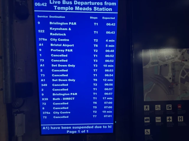 A list of live bus departures from Temple Meads station showing a number of cancellations