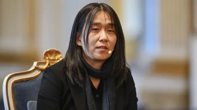 South Korean writer Han Kang, winner of the 2024 Nobel Prize in Literature, attends the Swedish Academy's press conference in Gamla Stan in Stockholm, Sweden, 06 December 2024.