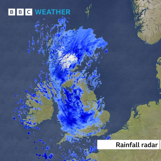 A rainfall radar showing rain patterns across the UK