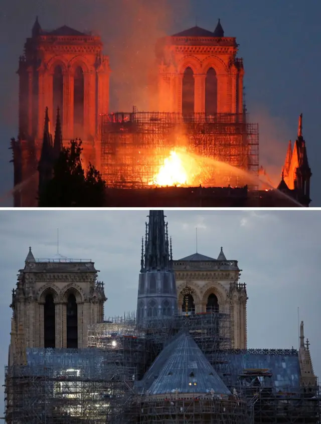 A composite image showing one photo with the cathedral’s roof on fire in April 2019, and another photo from the same angle showing scaffolding and the rebuilding of the roof and Gothic spire