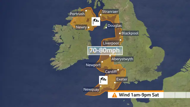 A map shows that an amber warning for wind and rain stretches up the west coast of the country