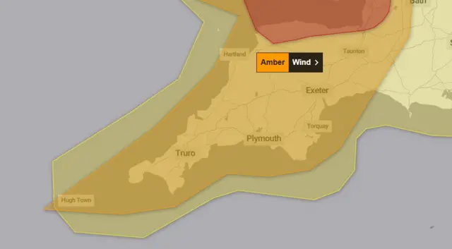 Map showing wind warning in south west