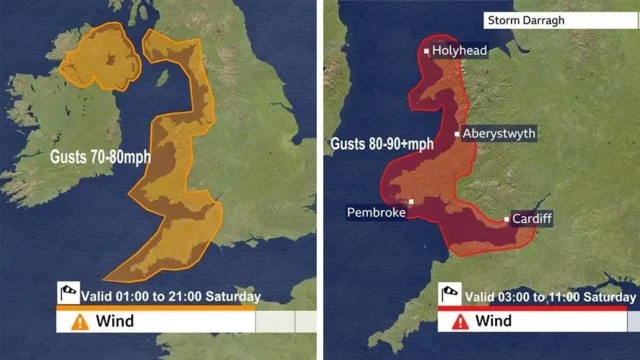 Two maps of the UK side by side. The left one shows an amber wind warning covering parts of Northern Ireland and the west coast of England, Wales and Scotland. It has text on it to suggest wind gusts can reach up to 80mph. The right one shows a red wind warning covering western Wales, with gusts saying speeds will reach 90mph.