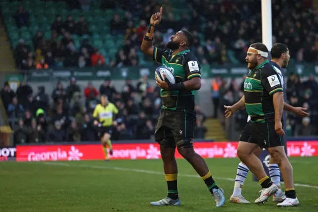 Northampton Saints' Fijian lock Temo Mayanavanua celebrates