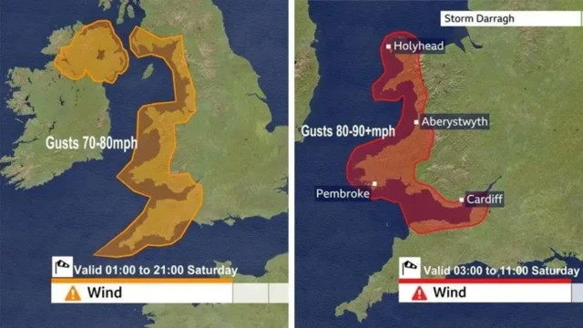 View of red and amber warning areas