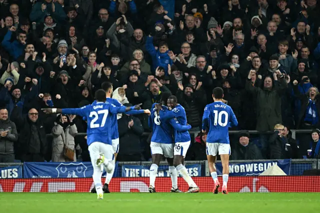 A general view as Orel Mangala of Everton celebrates scoring his team's second goal.