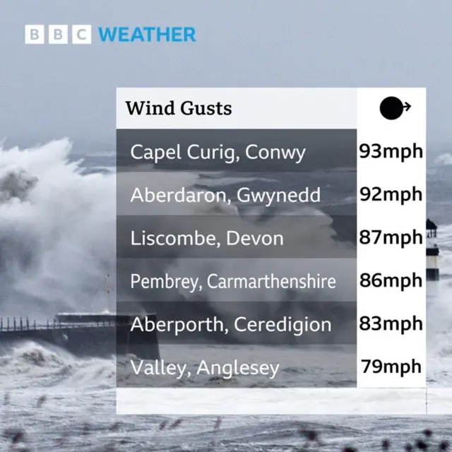 A chart showing the top wind gusts recorded during Storm Darragh so far.