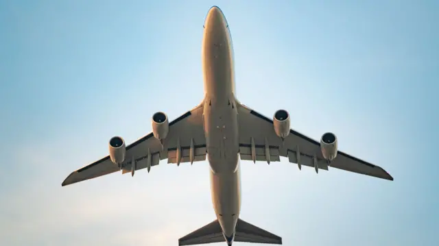 Close-up commercial airplane flying in the sky from the bottom view