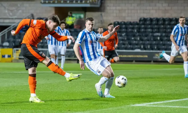 Ryan Strain has a shot for Dundee United against Kilmarnock, which was saved