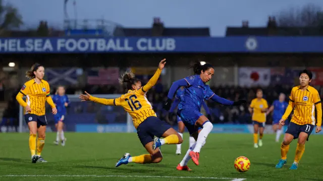 Chelsea's Mayra Ramirez in action with Brighton & Hove Albion's Jorelyn Carabali