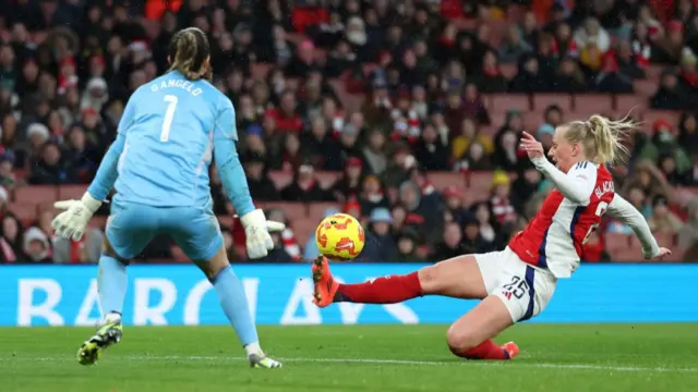 tina Balckstenius of Arsenal scores her team's third goal past Sabrina D Angelo of Aston Villa