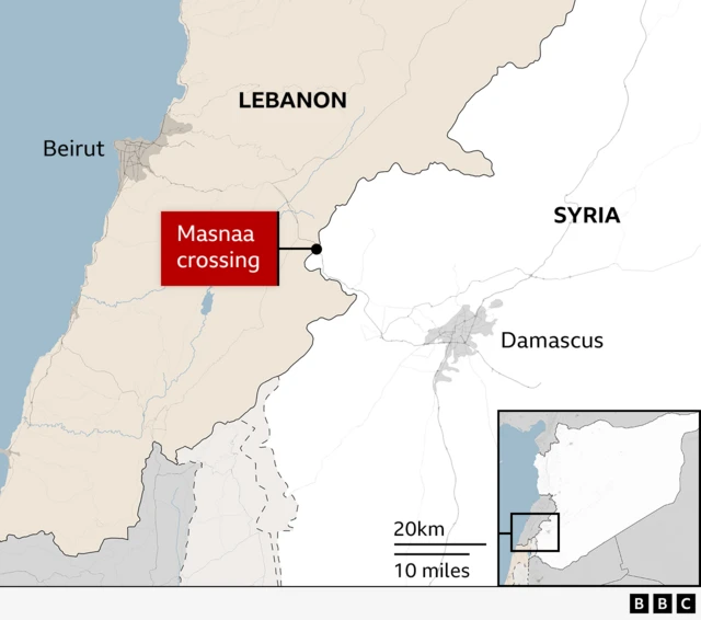 Map showing the Masnaa crossing between Syria and Lebanon