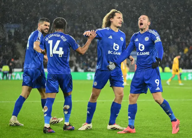 Bobby Decordova-Reid of Leicester City celebrates scoring his team's second goal with teammates during the Premier League match between Leicester City FC and Brighton & Hove Albion FC at The King Power Stadium