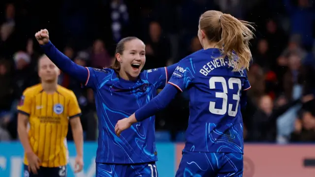 Chelsea's Aggie Beever-Jones celebrates scoring their second goal with Guro Reiten