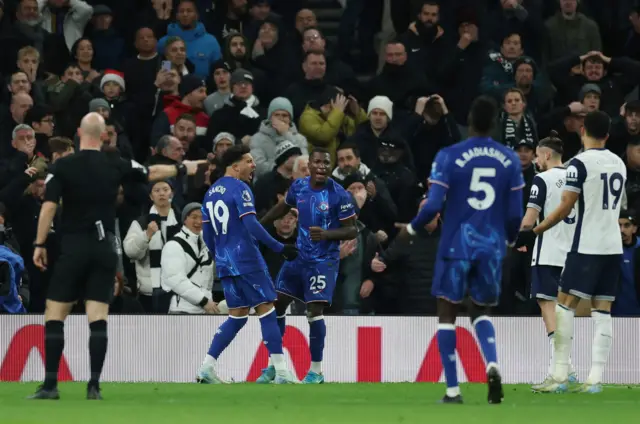 Chelsea's Jadon Sancho and Moises Caicedo react as Chelsea are awarded a penalty.