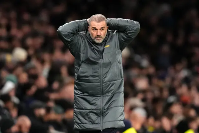 Tottenham Hotspur manager Ange Postecoglou reacts.