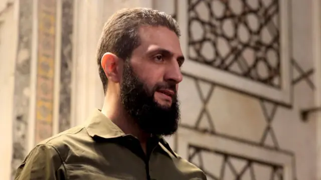 Abu Mohammed al-Jawlani at a mosque in Damascus today