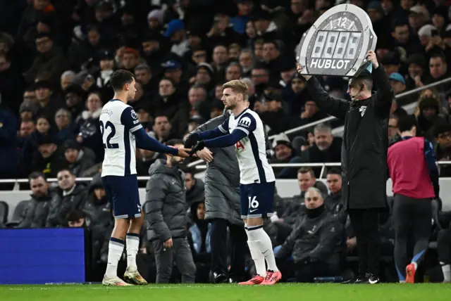 Tottenham Hotspur's Timo Werner comes on as a substitute to replace Brennan Johnson.