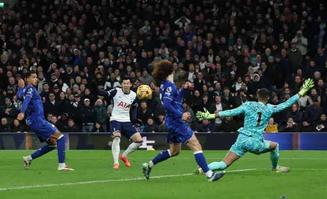 Tottenham Hotspur's Son Heung-min shoots at goal.