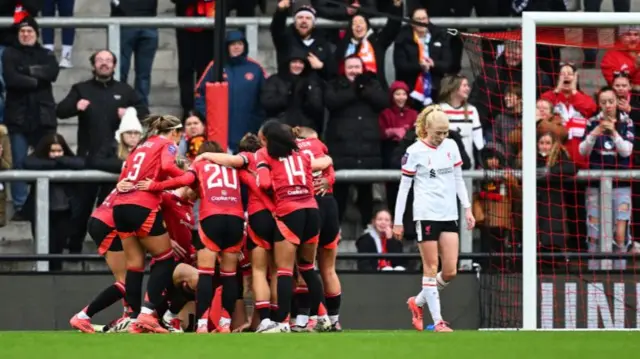 Leah Galton of Manchester United celebrates scoring his team's second goal with teammates