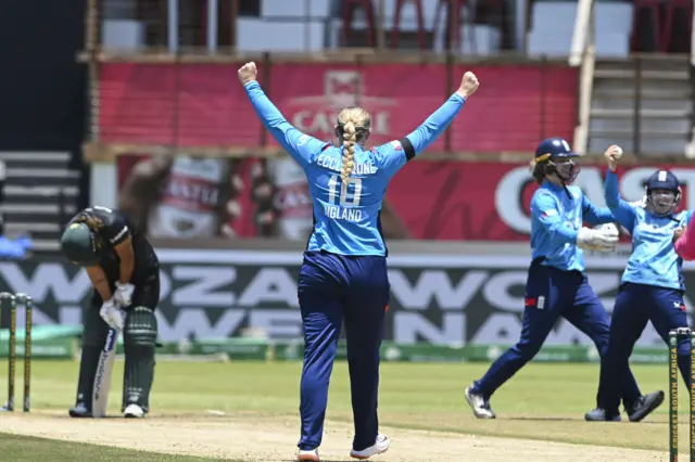 Sophie Ecclestone celebrates Chloe Tryon's wicket