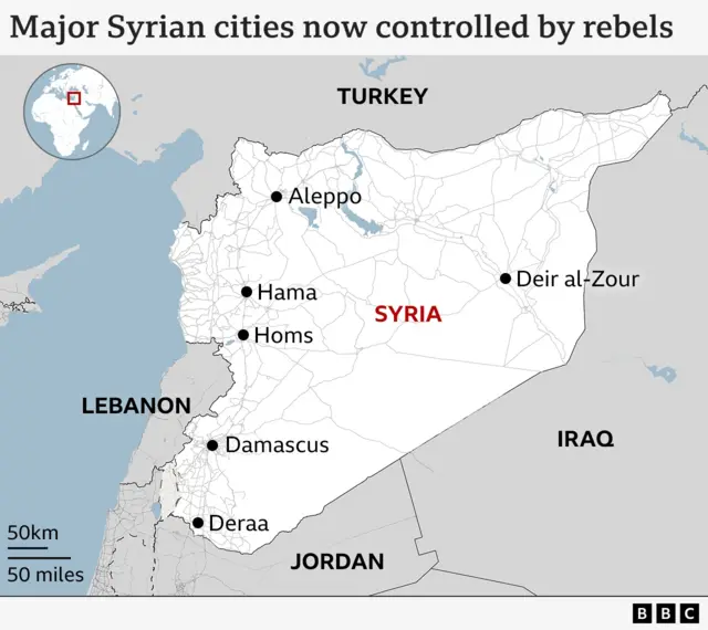 A map showing cities reportedly captured by Syrian rebels, including Aleppo, Hama, Homs, Damascus, Deraa, and Deir al-Zour