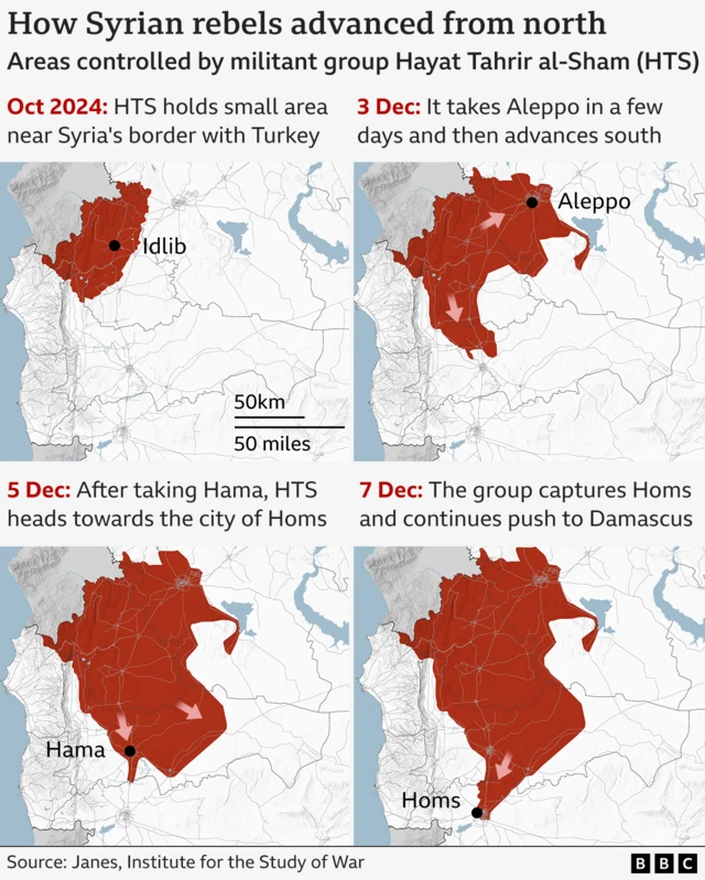 Four maps showing Syria are marked with red to show the advancement of rebel group HTS