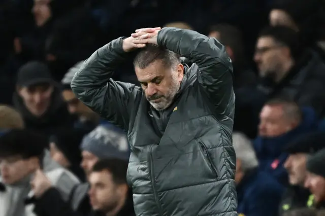 Tottenham Hotspur manager Ange Postecoglou reacts.