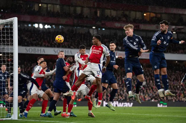 Jurrien Timber opens the scoring for Arsenal during the Premier League match between Arsenal FC and Manchester United FC.