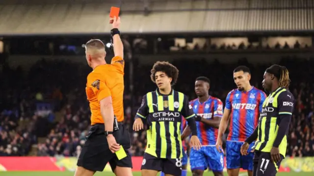 Rico Lewis receives a second yellow card against Crystal Palace