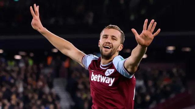 West Ham United's Tomas Soucek celebrates scoring their first goal