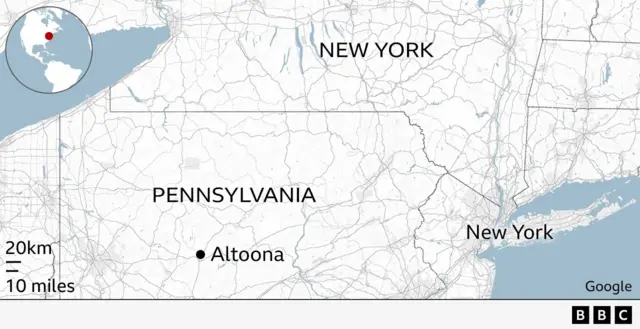 A map showing the location of Altoona, Pennsylvania relative to New York City