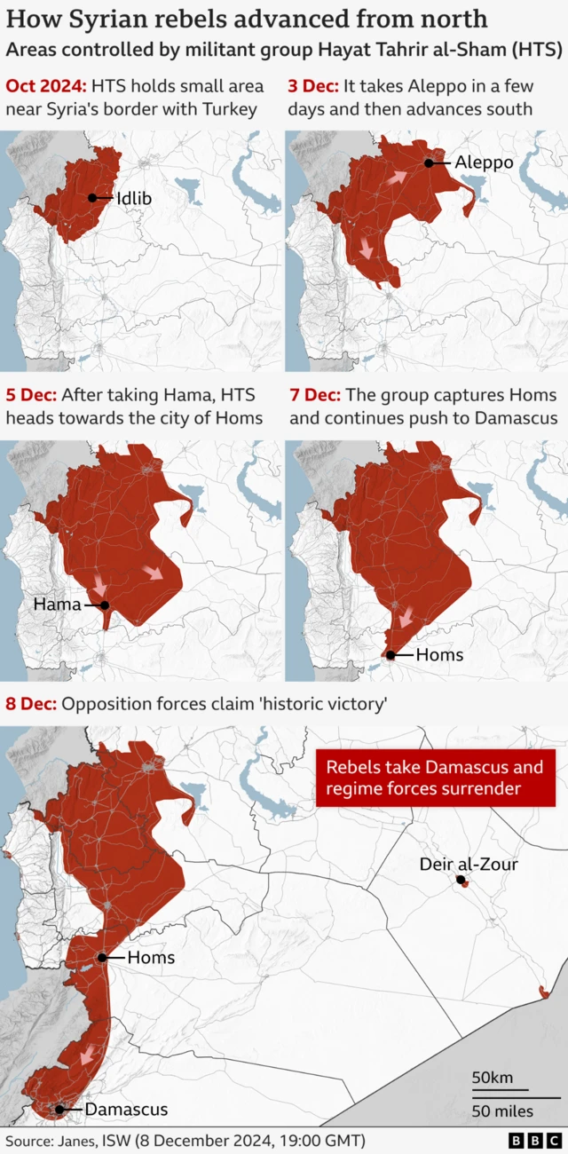 Five map graphics showing how Syrian rebels advanced from the north - beginning with HTS holding a small area near Syria's border with Turkey, and ending with the opposition forces claiming 'historic victory' after capturing Homs and Damasus